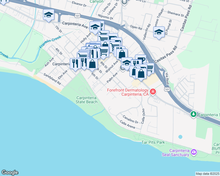 map of restaurants, bars, coffee shops, grocery stores, and more near 586 Olive Avenue in Carpinteria