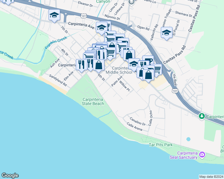 map of restaurants, bars, coffee shops, grocery stores, and more near 586 Olive Avenue in Carpinteria