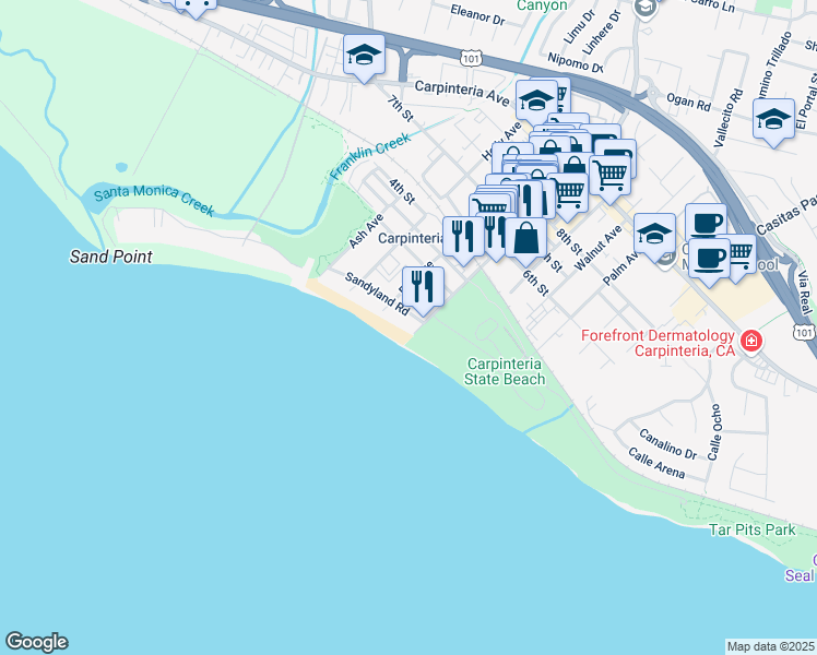 map of restaurants, bars, coffee shops, grocery stores, and more near 4898 Sandyland Road in Carpinteria