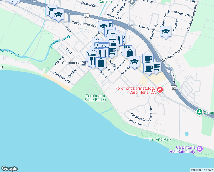 map of restaurants, bars, coffee shops, grocery stores, and more near 5251 6th Street in Carpinteria