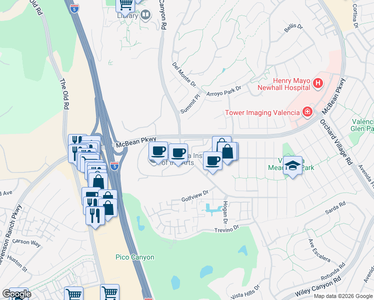 map of restaurants, bars, coffee shops, grocery stores, and more near 24528 McBean Parkway in Santa Clarita