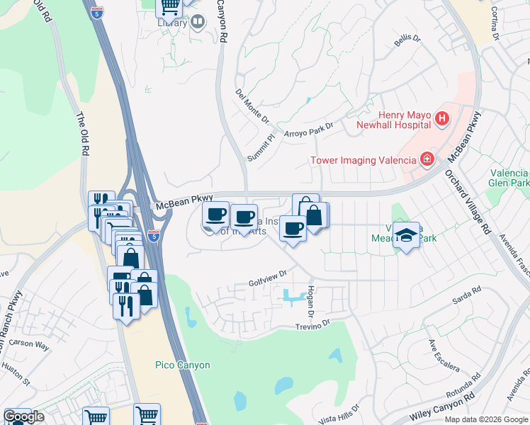 map of restaurants, bars, coffee shops, grocery stores, and more near in Los Angeles County