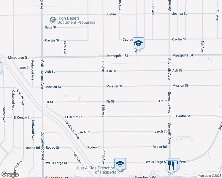 map of restaurants, bars, coffee shops, grocery stores, and more near 15333 Mission Street in Hesperia