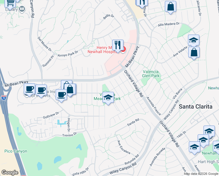 map of restaurants, bars, coffee shops, grocery stores, and more near 25671 Fedala Road in Santa Clarita
