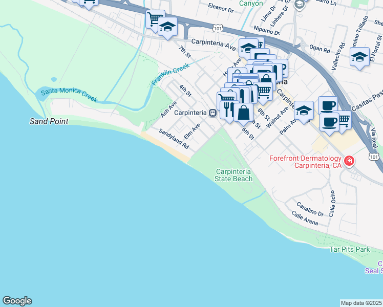 map of restaurants, bars, coffee shops, grocery stores, and more near 4975 Sandyland Road in Carpinteria