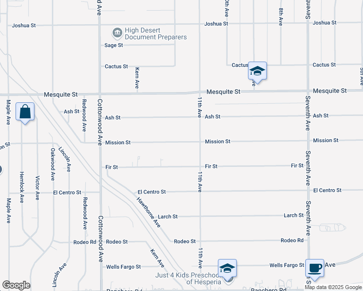 map of restaurants, bars, coffee shops, grocery stores, and more near 15225 Mission Street in Hesperia