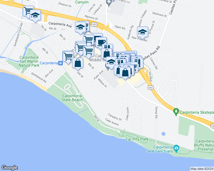 map of restaurants, bars, coffee shops, grocery stores, and more near 780 Oak Avenue in Carpinteria