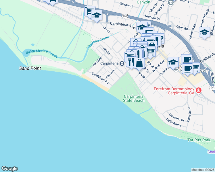 map of restaurants, bars, coffee shops, grocery stores, and more near 4898 Sandyland Road in Carpinteria
