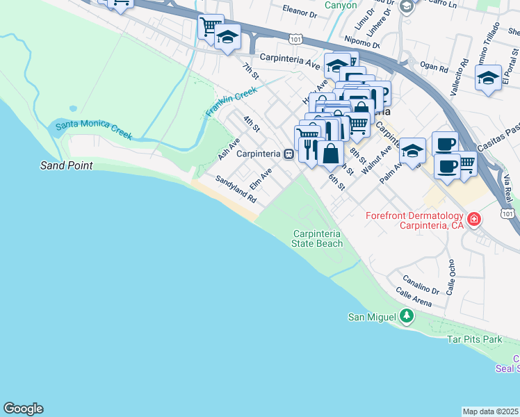 map of restaurants, bars, coffee shops, grocery stores, and more near 4975 Sandyland Road in Carpinteria