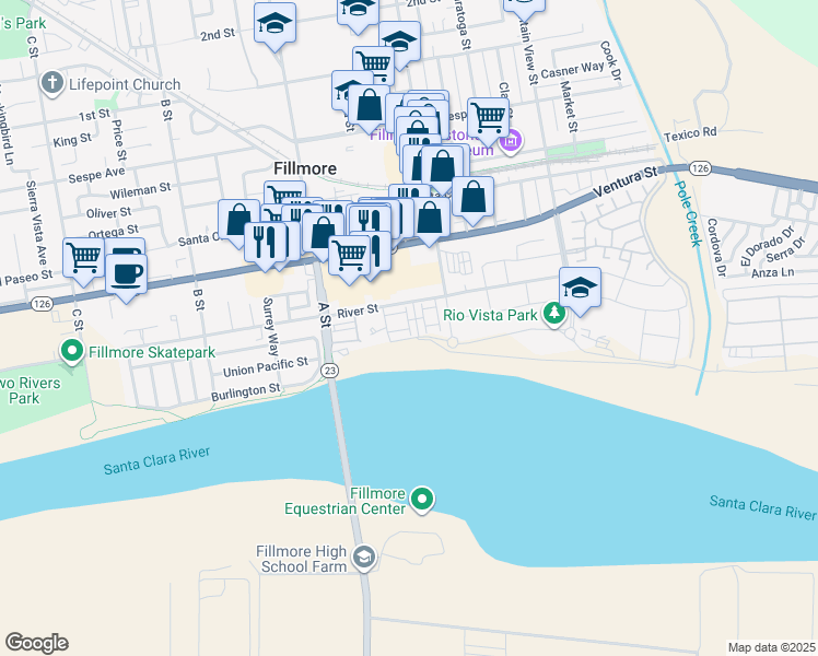 map of restaurants, bars, coffee shops, grocery stores, and more near 574 Apricot Lane in Fillmore