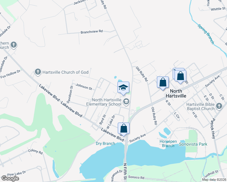 map of restaurants, bars, coffee shops, grocery stores, and more near 1136 Byrd Street in Hartsville
