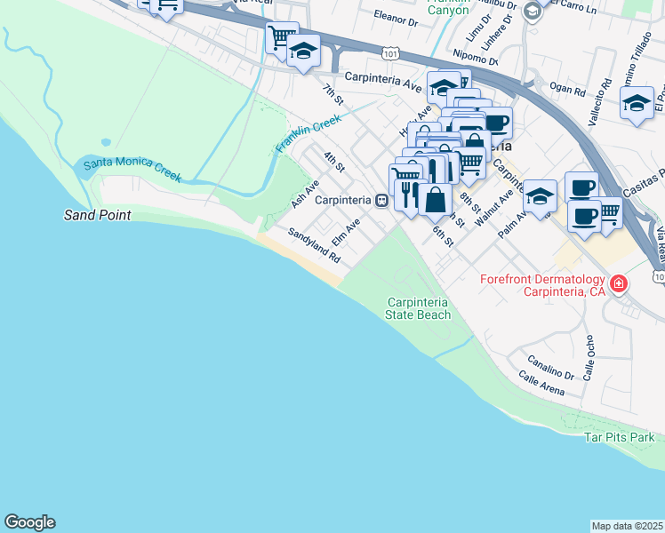 map of restaurants, bars, coffee shops, grocery stores, and more near 4975 Sandyland Road in Carpinteria