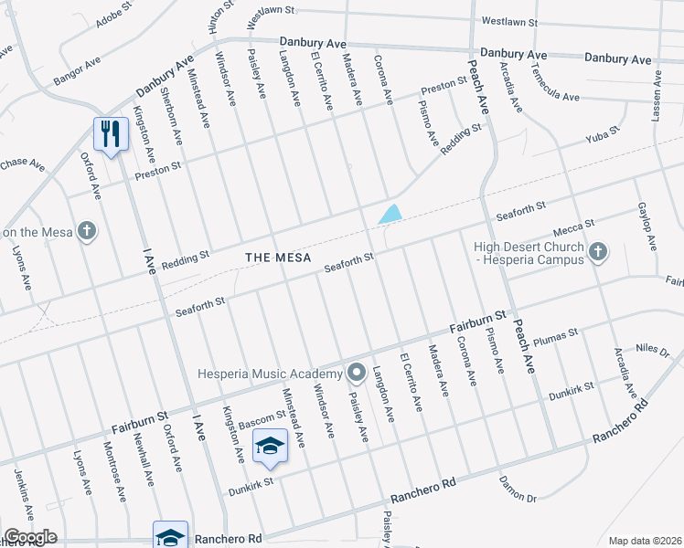map of restaurants, bars, coffee shops, grocery stores, and more near 17995 Seaforth Street in Hesperia
