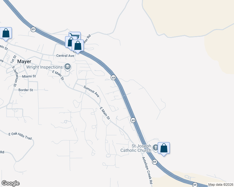 map of restaurants, bars, coffee shops, grocery stores, and more near S Hwy 69 in Mayer