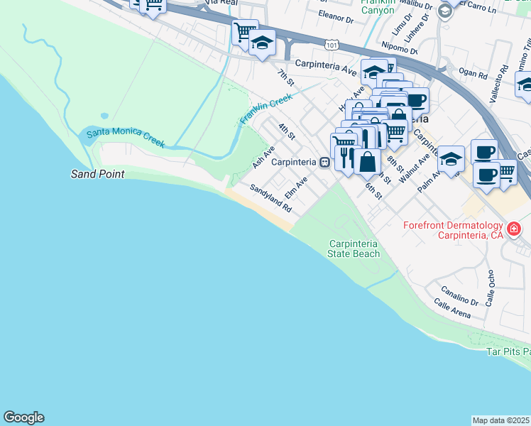 map of restaurants, bars, coffee shops, grocery stores, and more near 4885 Sandyland Road in Carpinteria