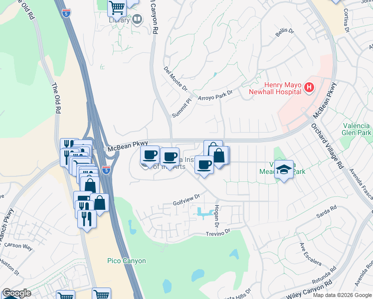 map of restaurants, bars, coffee shops, grocery stores, and more near 24528 McBean Parkway in Santa Clarita