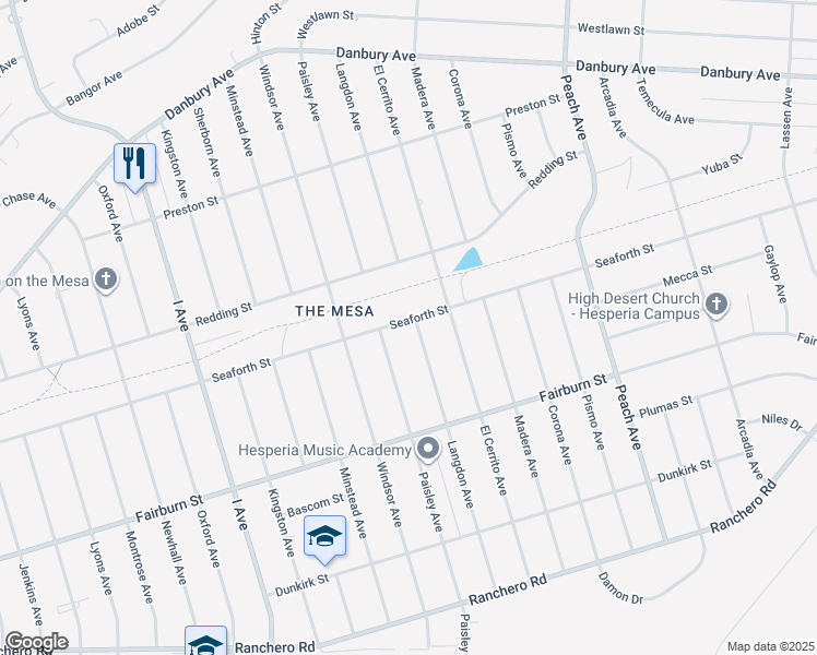 map of restaurants, bars, coffee shops, grocery stores, and more near 17995 Seaforth Street in Hesperia