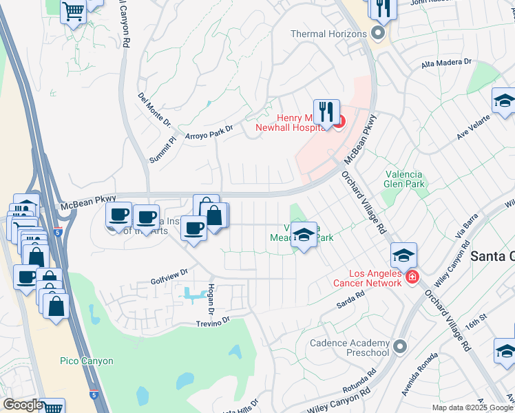 map of restaurants, bars, coffee shops, grocery stores, and more near 25808 Parada Drive in Santa Clarita