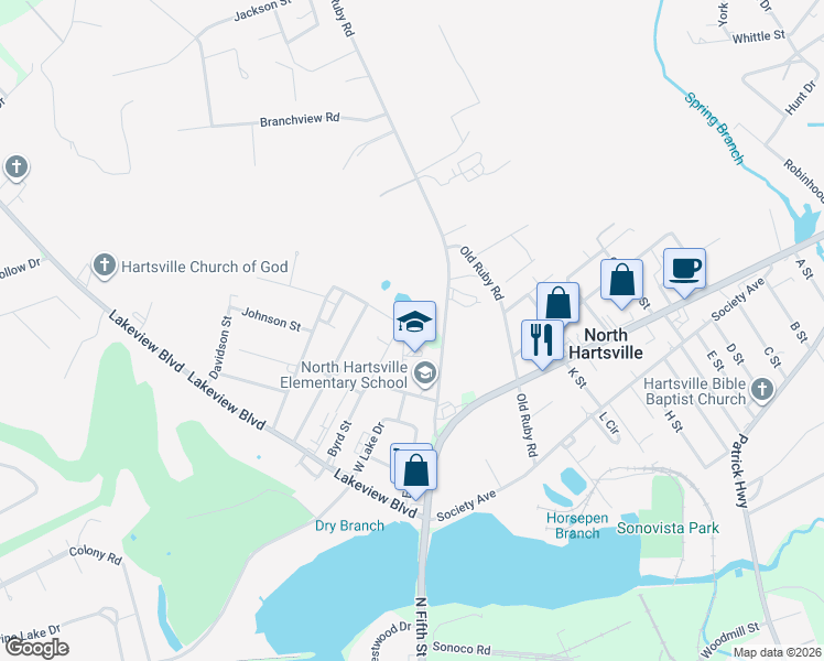 map of restaurants, bars, coffee shops, grocery stores, and more near 1136 Byrd Street in Hartsville