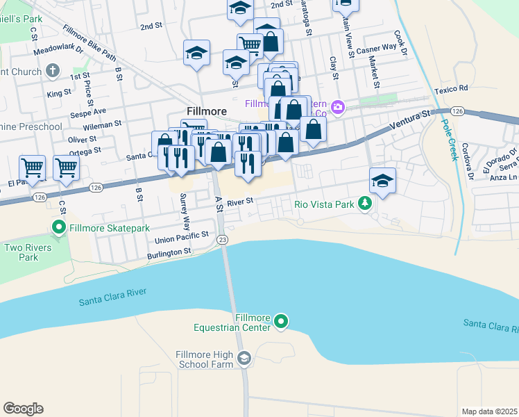 map of restaurants, bars, coffee shops, grocery stores, and more near 589 Grapefruit Lane in Fillmore