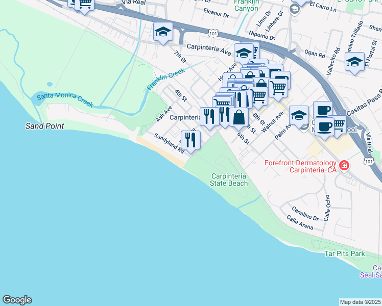 map of restaurants, bars, coffee shops, grocery stores, and more near 4898 Sandyland Road in Carpinteria