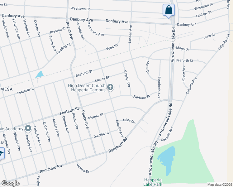 map of restaurants, bars, coffee shops, grocery stores, and more near 18596 Fairburn Street in Hesperia