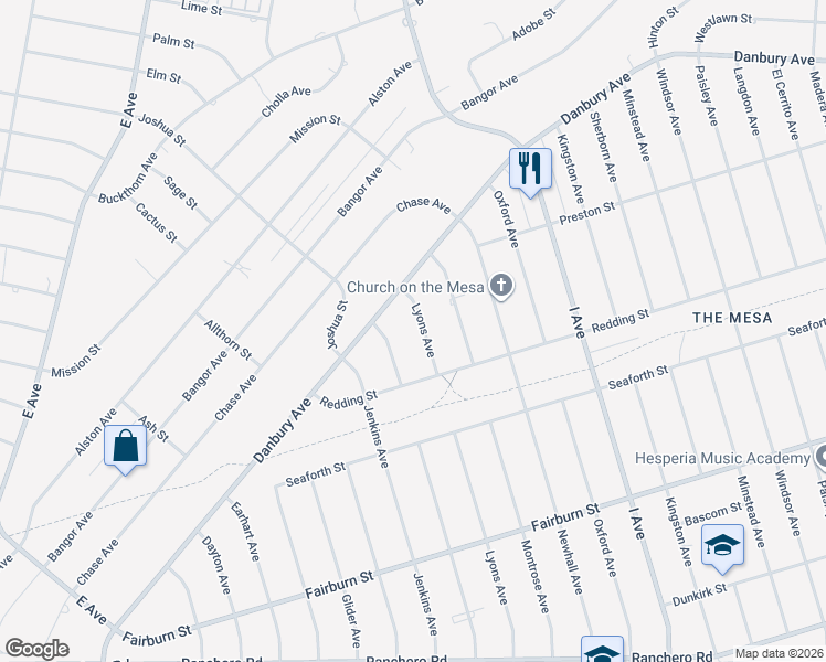 map of restaurants, bars, coffee shops, grocery stores, and more near 7882 Lyons Avenue in Hesperia