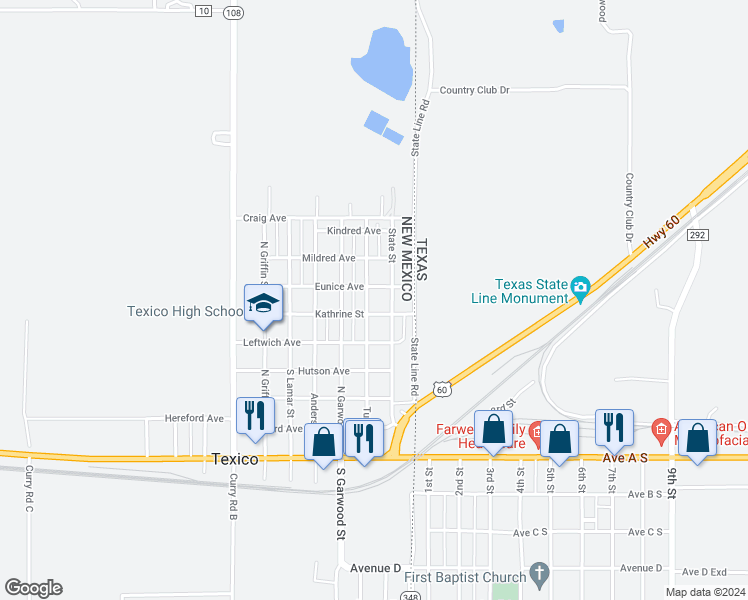 map of restaurants, bars, coffee shops, grocery stores, and more near 609 North Turner Street in Texico