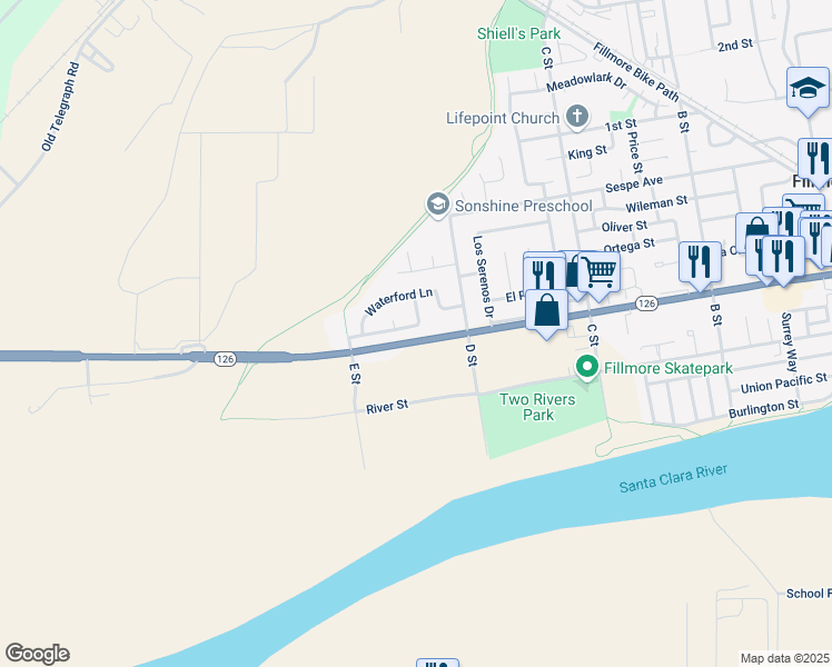 map of restaurants, bars, coffee shops, grocery stores, and more near 222 Cottonwood Lane in Fillmore