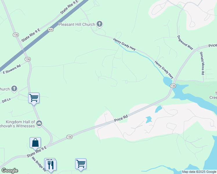 map of restaurants, bars, coffee shops, grocery stores, and more near 173 Mountain Side Drive East in Dawsonville