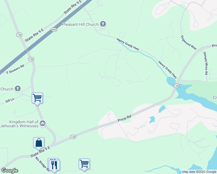 map of restaurants, bars, coffee shops, grocery stores, and more near 173 Mountain Side Drive East in Dawsonville