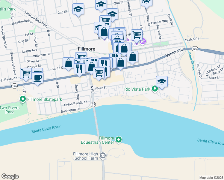 map of restaurants, bars, coffee shops, grocery stores, and more near 569 Grapefruit Lane in Fillmore