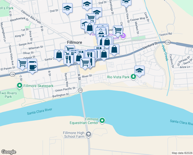 map of restaurants, bars, coffee shops, grocery stores, and more near 569 Grapefruit Lane in Fillmore