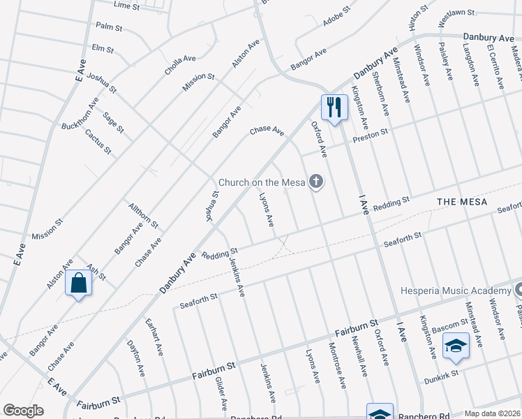 map of restaurants, bars, coffee shops, grocery stores, and more near 7882 Lyons Avenue in Hesperia