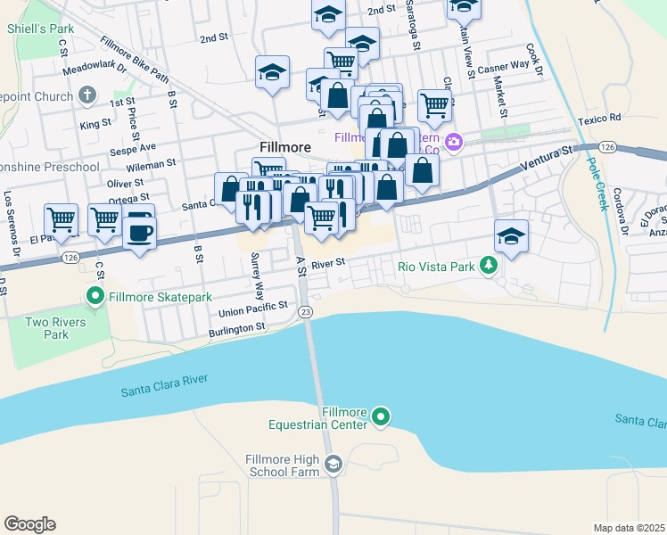 map of restaurants, bars, coffee shops, grocery stores, and more near 626 River Street in Fillmore