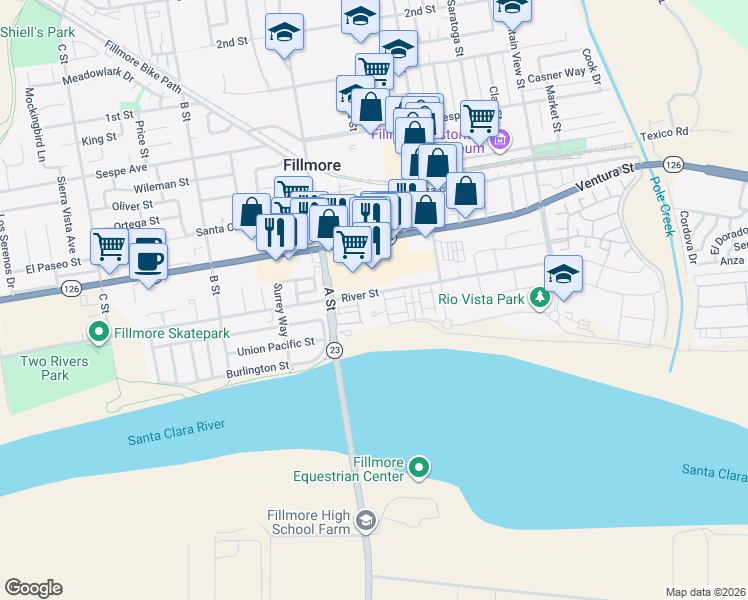 map of restaurants, bars, coffee shops, grocery stores, and more near 610 River Street in Fillmore