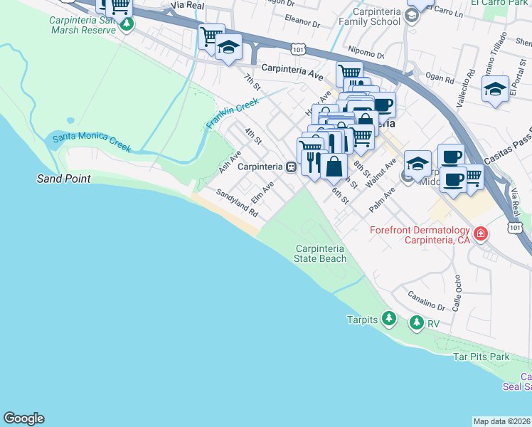 map of restaurants, bars, coffee shops, grocery stores, and more near 220 Elm Avenue in Carpinteria