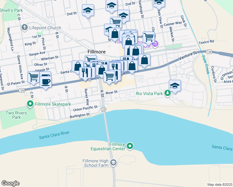 map of restaurants, bars, coffee shops, grocery stores, and more near 614 River Street in Fillmore