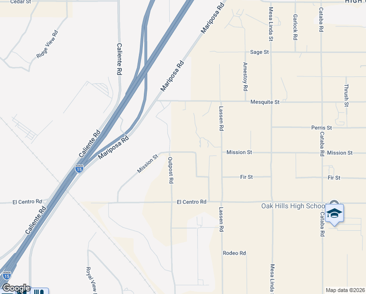 map of restaurants, bars, coffee shops, grocery stores, and more near 12140 Mission Street in Oak Hills