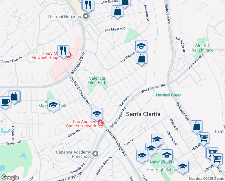 map of restaurants, bars, coffee shops, grocery stores, and more near 25371 Vía Palacio in Santa Clarita