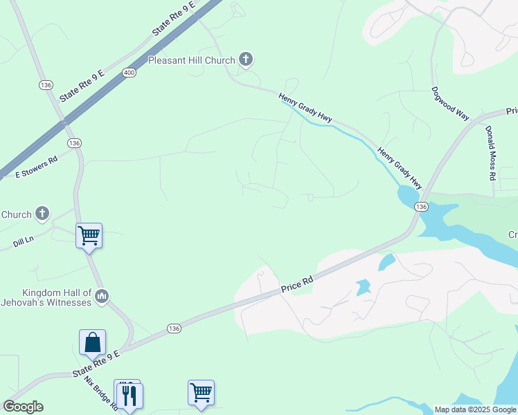 map of restaurants, bars, coffee shops, grocery stores, and more near 173 Mountain Side Drive East in Dawsonville