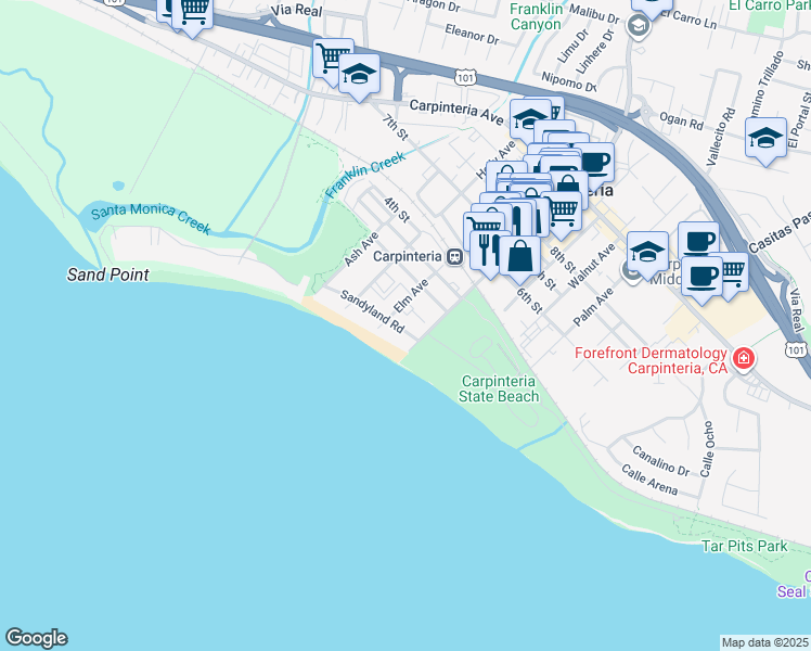 map of restaurants, bars, coffee shops, grocery stores, and more near 4950 Sandyland Road in Carpinteria