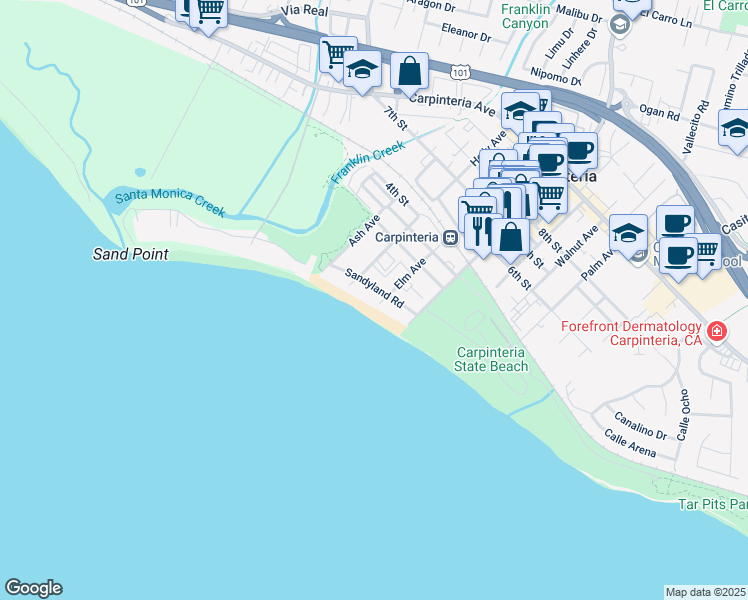 map of restaurants, bars, coffee shops, grocery stores, and more near 4885 Sandyland Road in Carpinteria