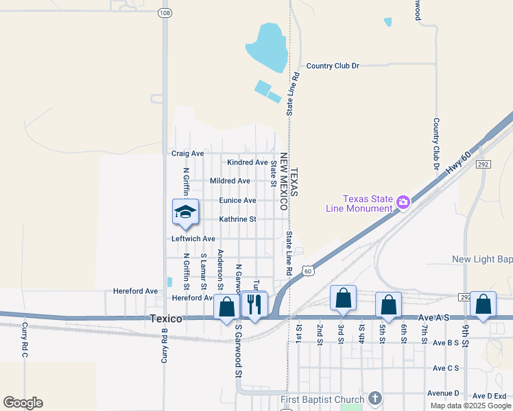 map of restaurants, bars, coffee shops, grocery stores, and more near 615 North Turner Street in Texico