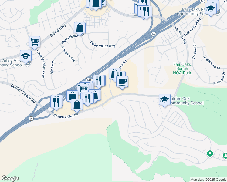 map of restaurants, bars, coffee shops, grocery stores, and more near 19085 Golden Valley Road in Santa Clarita