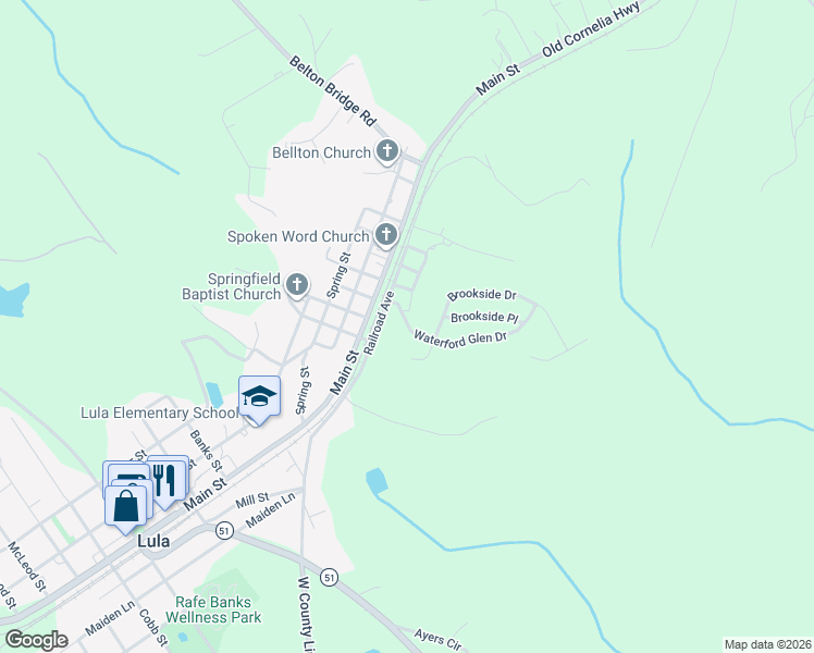 map of restaurants, bars, coffee shops, grocery stores, and more near Waterford Glen Drive in Lula