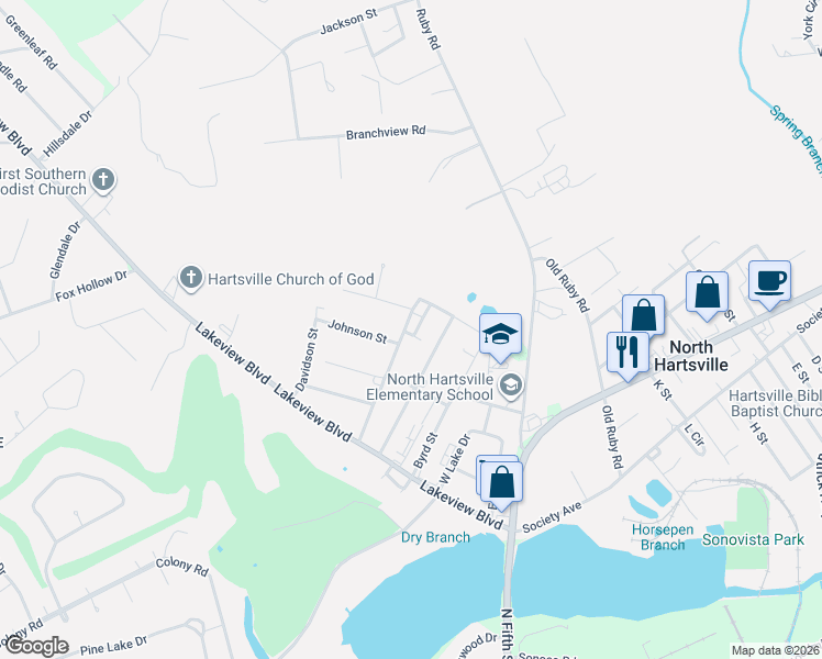map of restaurants, bars, coffee shops, grocery stores, and more near 1127 Franklin Street in Hartsville