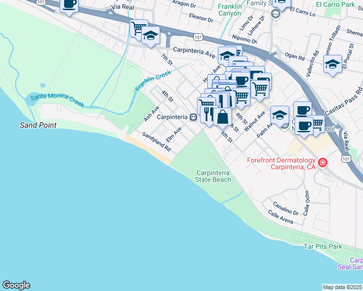 map of restaurants, bars, coffee shops, grocery stores, and more near 231 Linden Avenue in Carpinteria