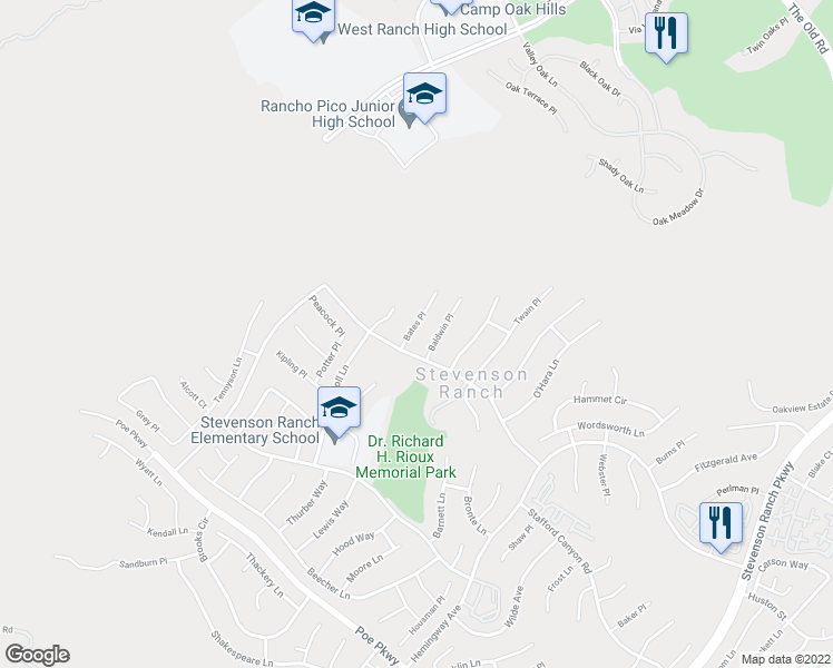 map of restaurants, bars, coffee shops, grocery stores, and more near 26022 Bates Place in Stevenson Ranch