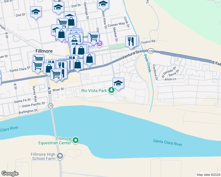 map of restaurants, bars, coffee shops, grocery stores, and more near 396 Edgewood Drive in Fillmore